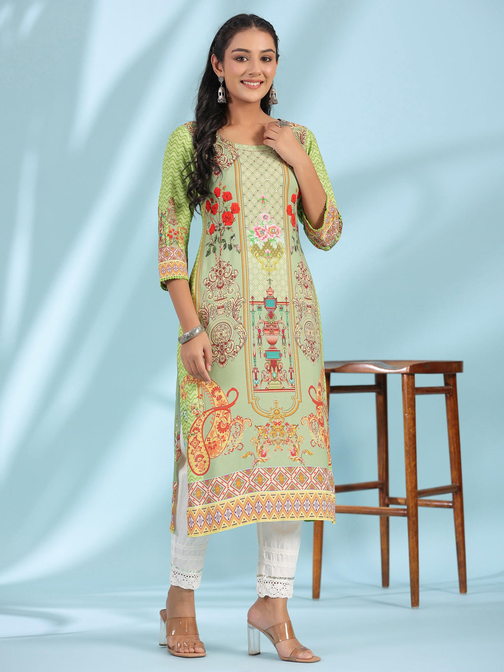 Juniper Green Rayon Floral Printed Round Neck Straight Kurta With Beadwork | Grocsy