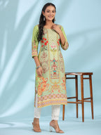Juniper Green Rayon Floral Printed Round Neck Straight Kurta With Beadwork | Grocsy