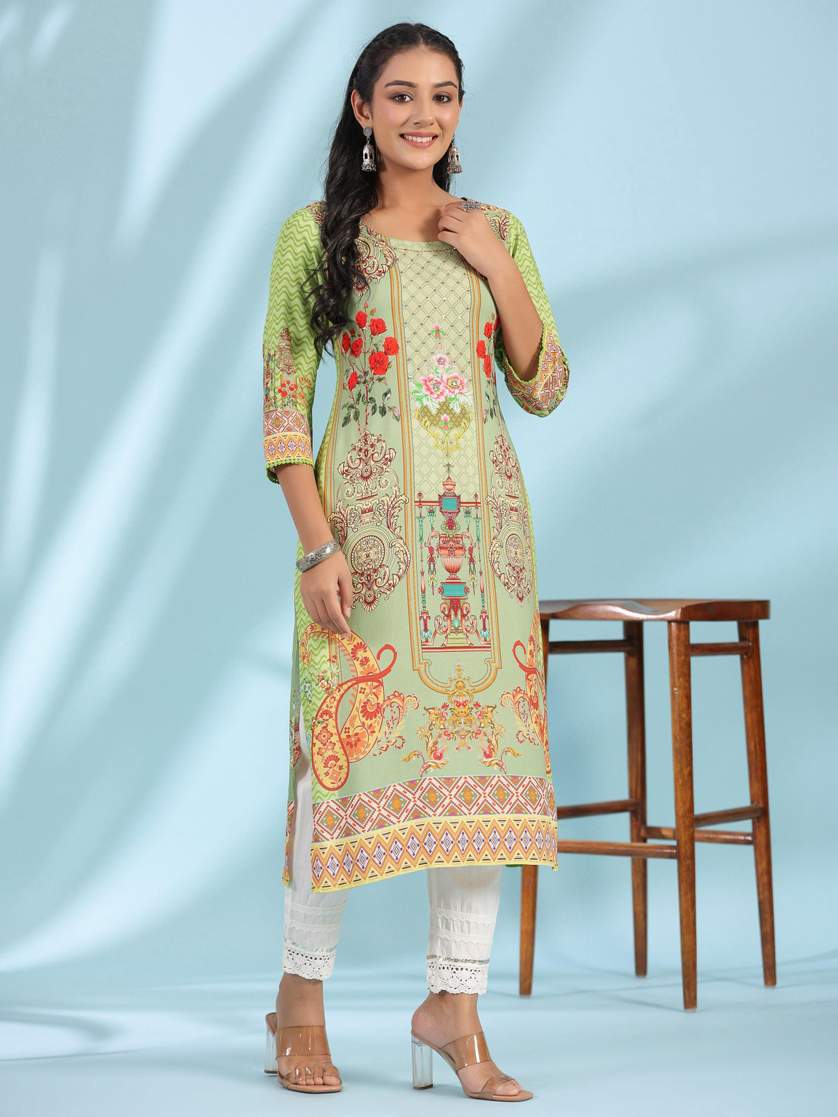 Juniper Green Rayon Floral Printed Round Neck Straight Kurta With Beadwork | Grocsy