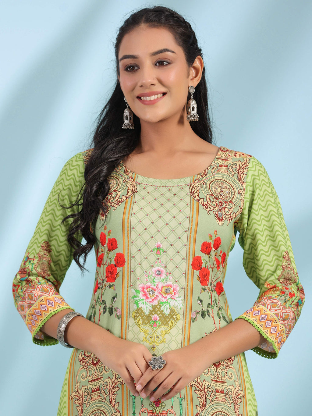 Juniper Green Rayon Floral Printed Round Neck Straight Kurta With Beadwork | Grocsy