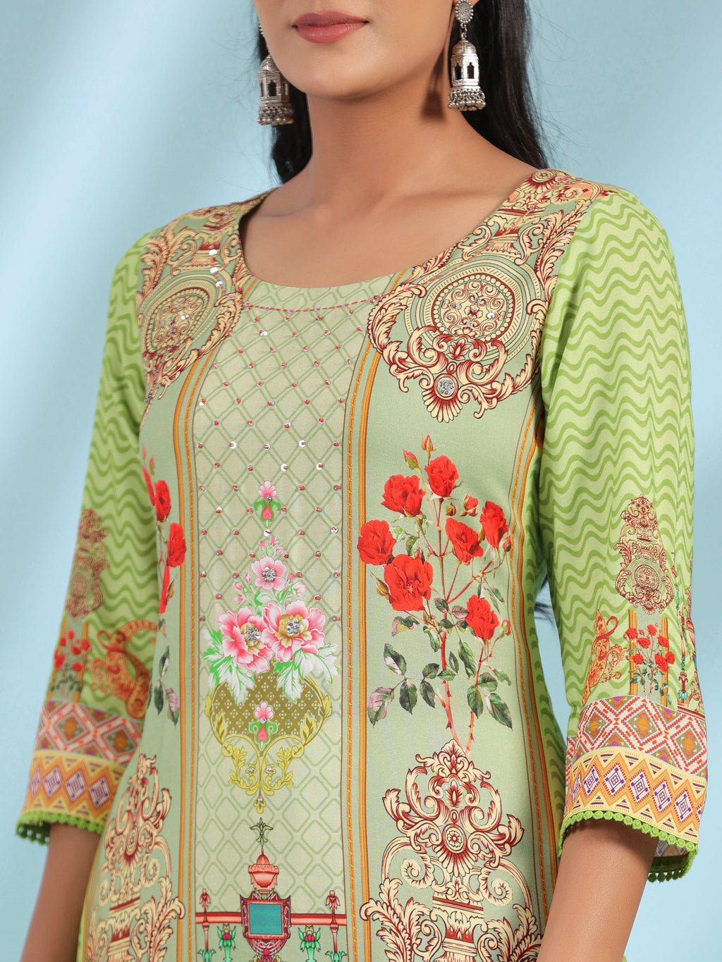 Juniper Green Rayon Floral Printed Round Neck Straight Kurta With Beadwork | Grocsy
