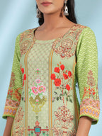 Juniper Green Rayon Floral Printed Round Neck Straight Kurta With Beadwork | Grocsy