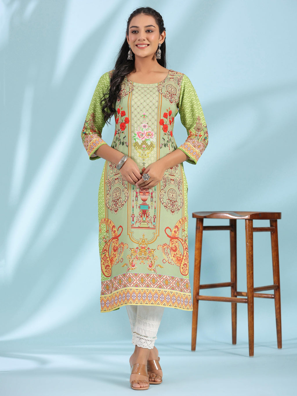 Juniper Green Rayon Floral Printed Round Neck Straight Kurta With Beadwork | Grocsy
