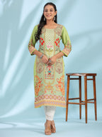 Juniper Green Rayon Floral Printed Round Neck Straight Kurta With Beadwork | Grocsy