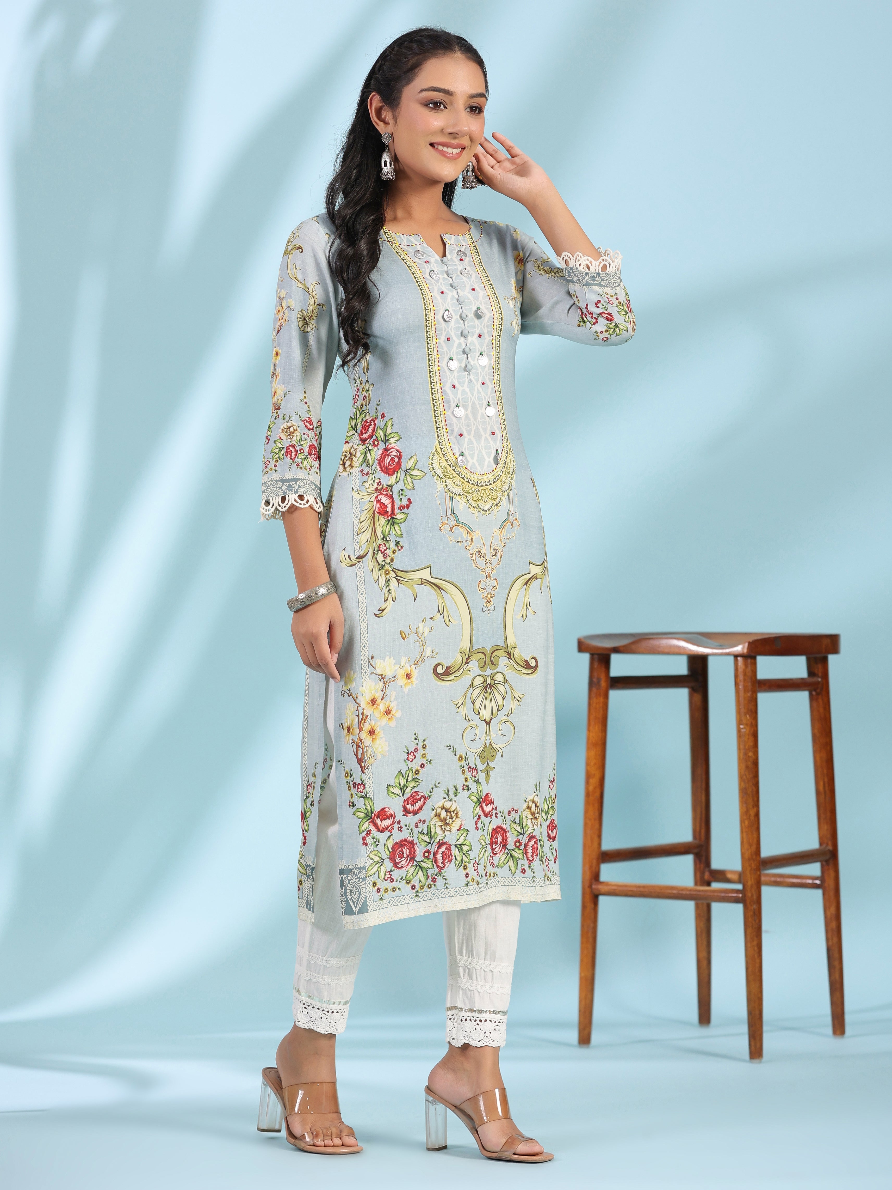 Juniper Grey Rayon Floral Printed Round Neck Kurta With Beadwork | Grocsy