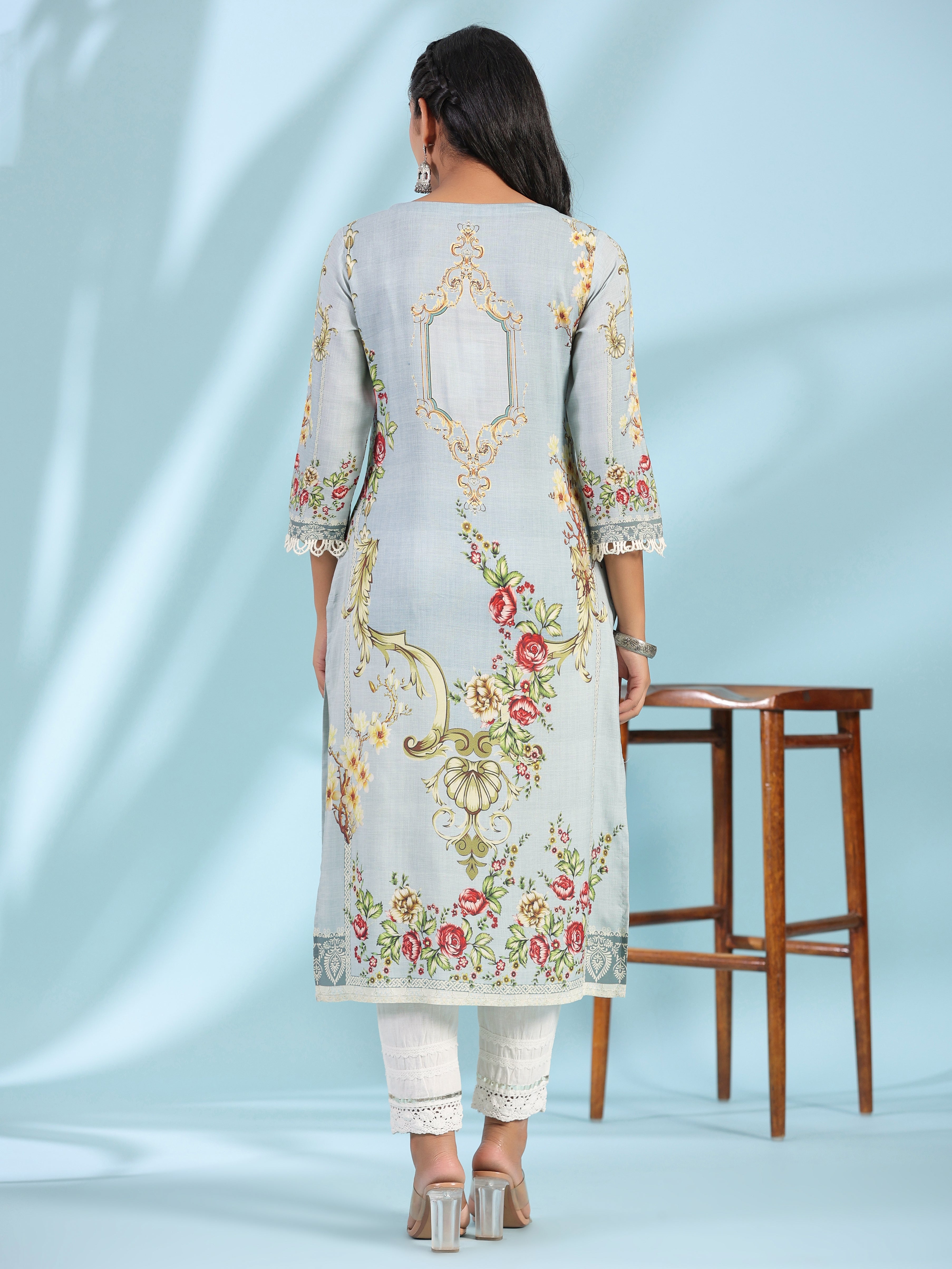Juniper Grey Rayon Floral Printed Round Neck Kurta With Beadwork | Grocsy