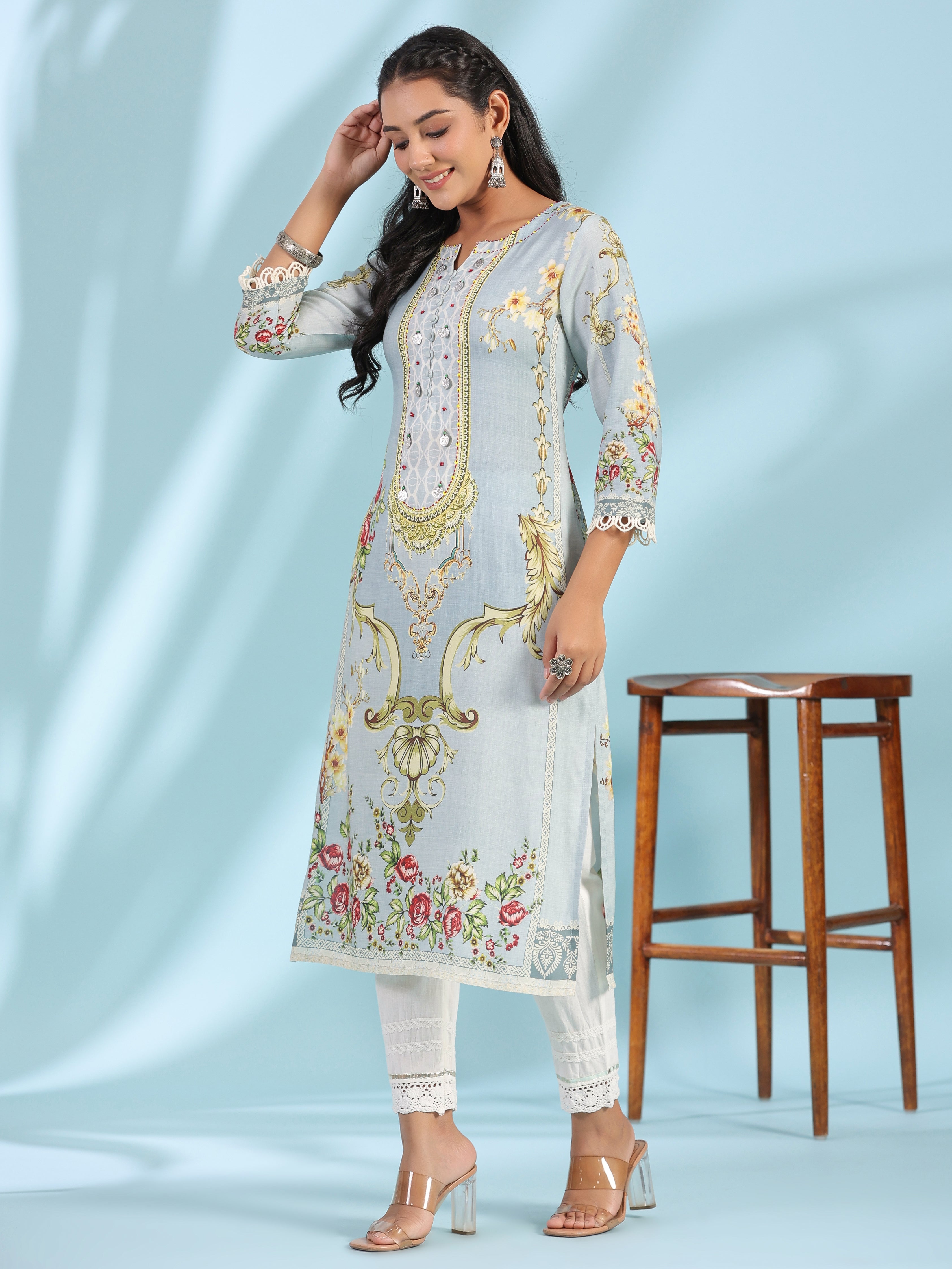 Juniper Grey Rayon Floral Printed Round Neck Kurta With Beadwork | Grocsy