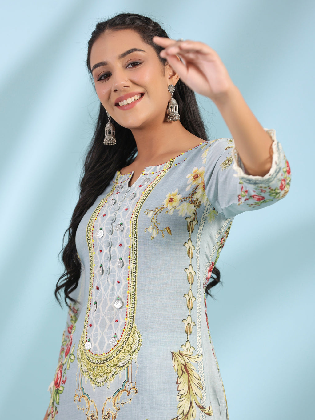 Juniper Grey Rayon Floral Printed Round Neck Kurta With Beadwork | Grocsy