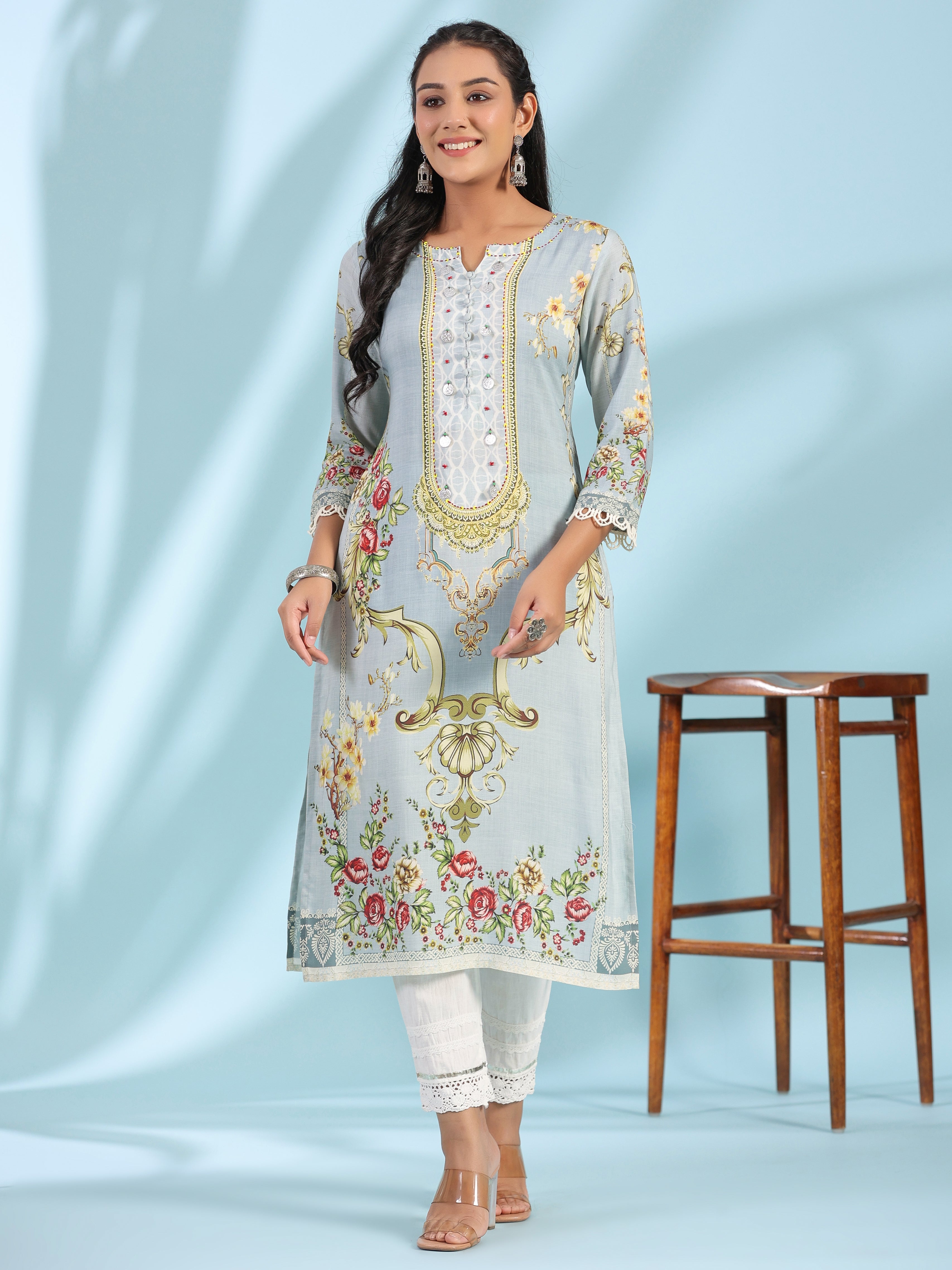 Juniper Grey Rayon Floral Printed Round Neck Kurta With Beadwork | Grocsy