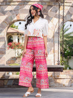 Juniper Women's Pink Printed Rayon & Cotton Schiffli Crop Top & Pants With Thread Work Embroidery | Grocsy