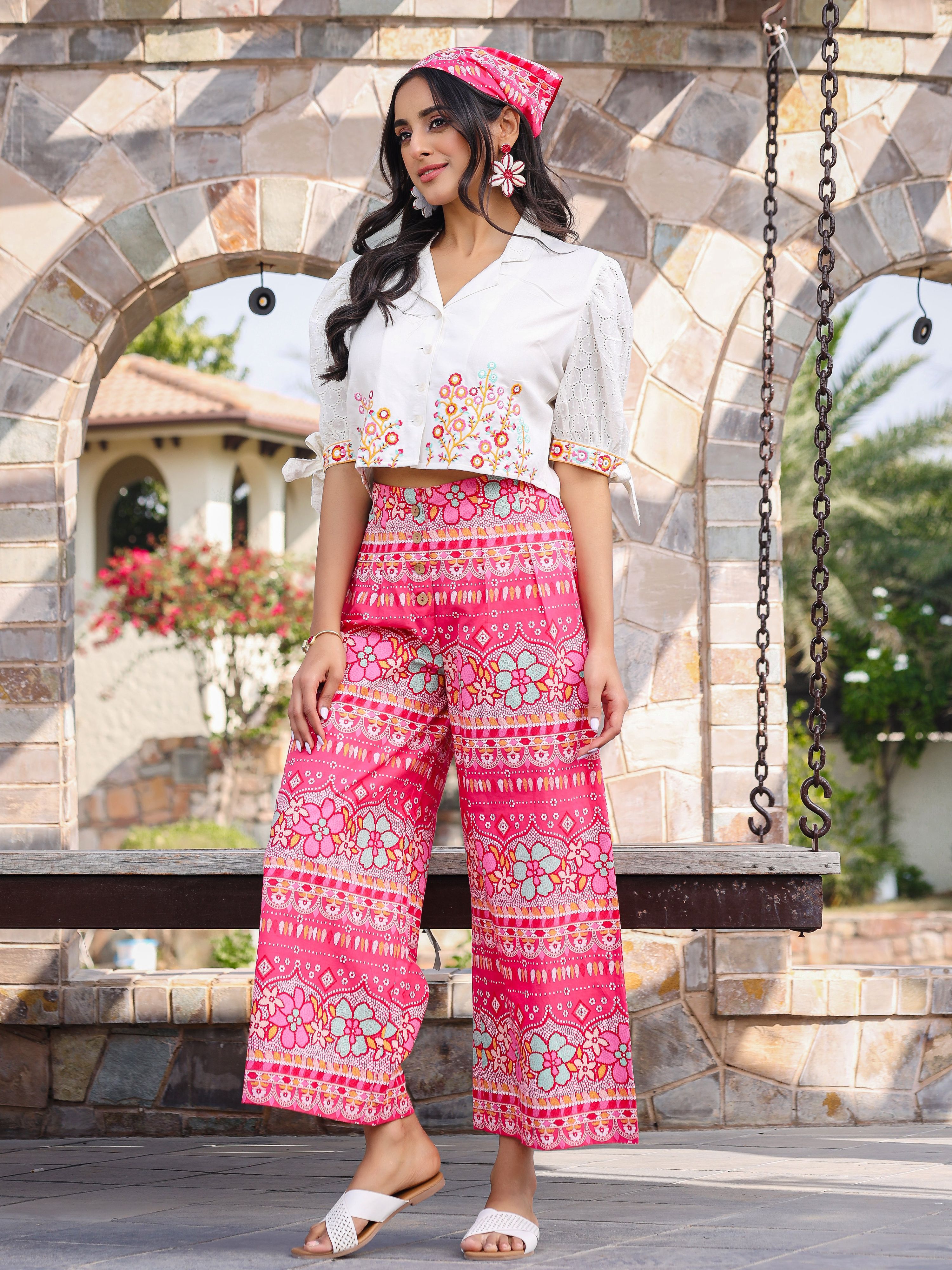 Juniper Women's Pink Printed Rayon & Cotton Schiffli Crop Top & Pants With Thread Work Embroidery | Grocsy