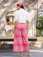 Juniper Women's Pink Printed Rayon & Cotton Schiffli Crop Top & Pants With Thread Work Embroidery | Grocsy