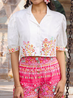 Juniper Women's Pink Printed Rayon & Cotton Schiffli Crop Top & Pants With Thread Work Embroidery | Grocsy