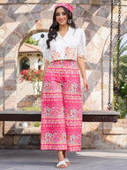 Juniper Women's Pink Printed Rayon & Cotton Schiffli Crop Top & Pants With Thread Work Embroidery | Grocsy