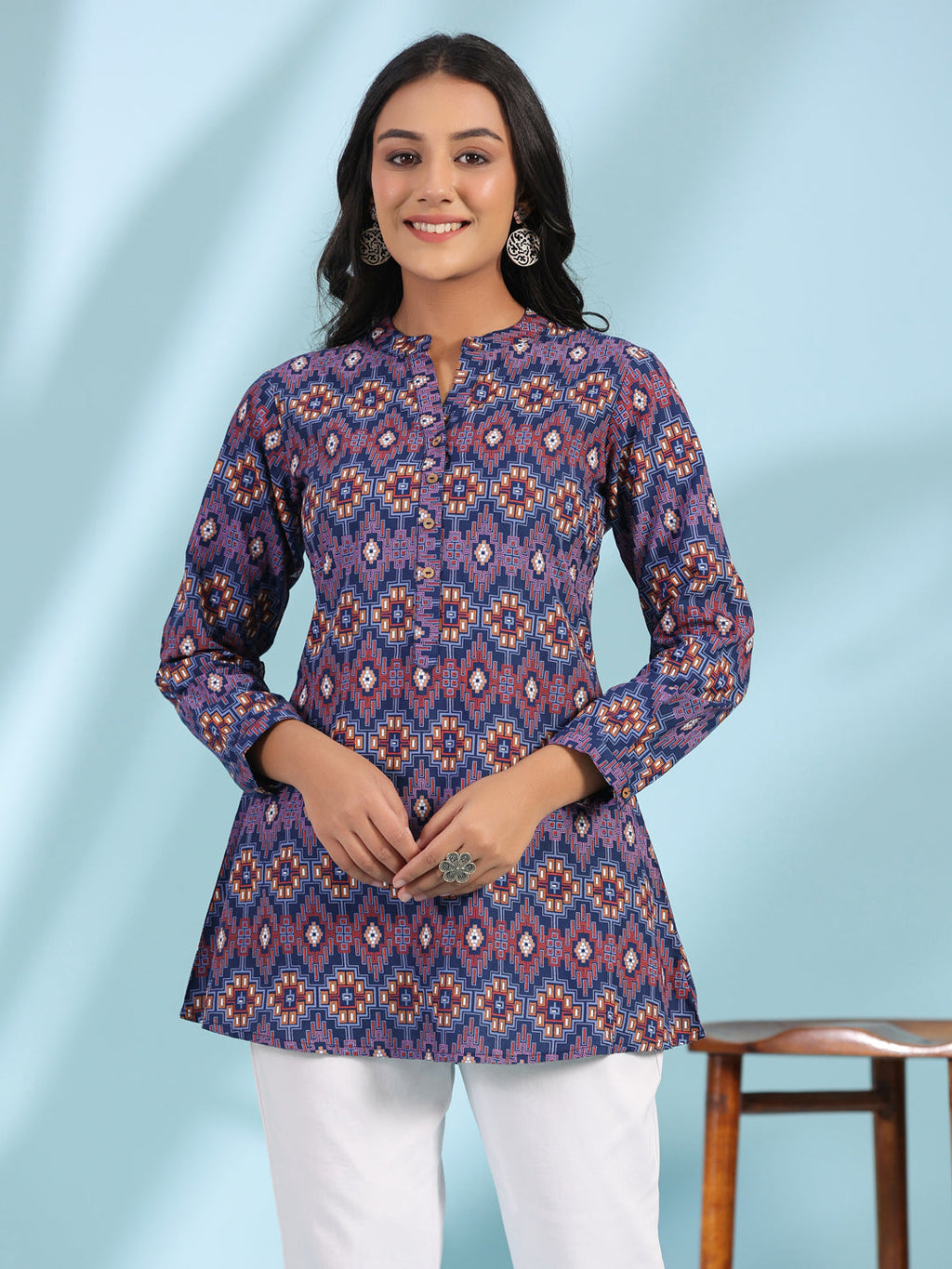 Juniper Women's The Crafted Geometrics Blue Geometric Printed Rayon Tunic | Grocsy