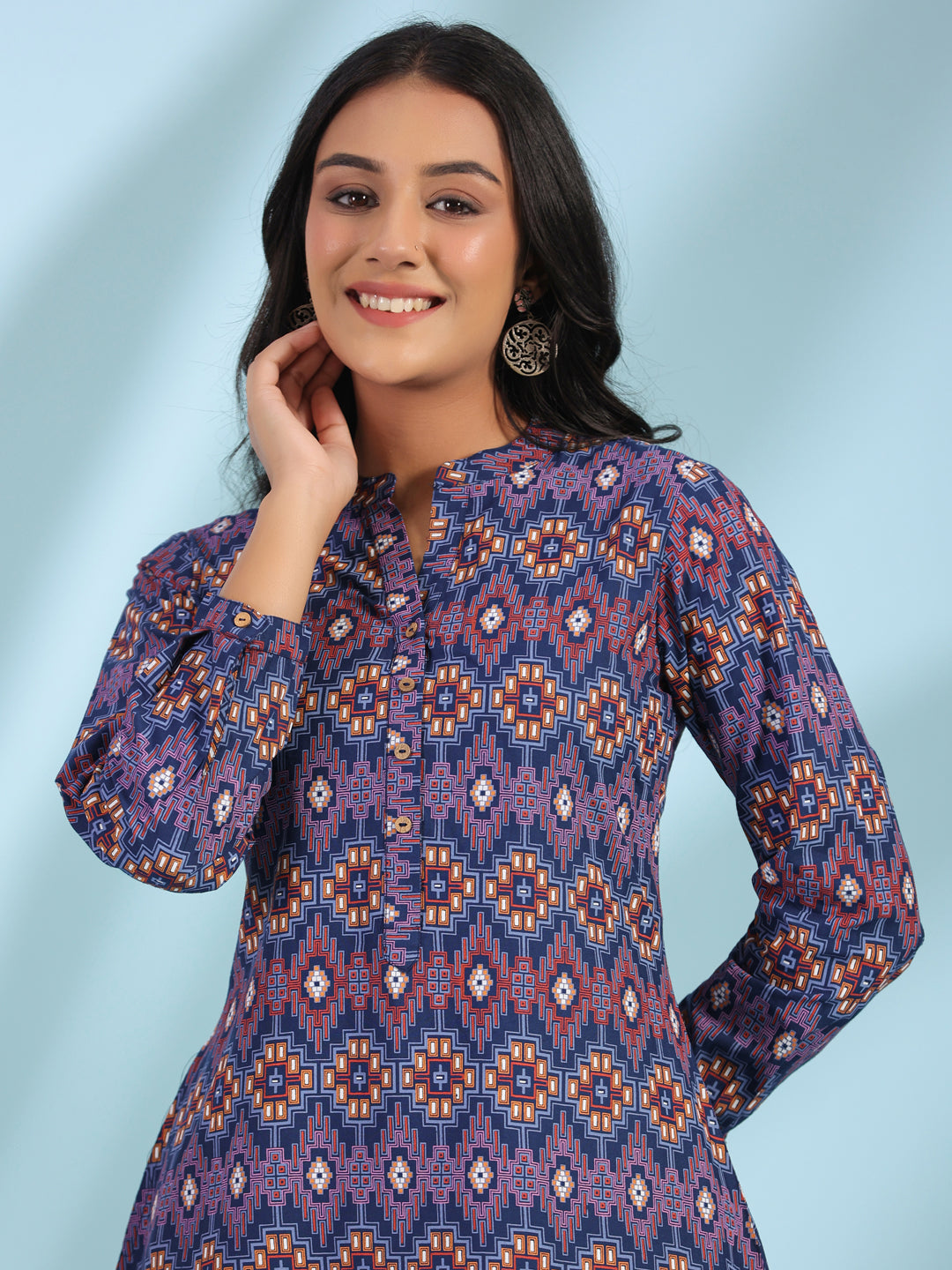 Juniper Women's The Crafted Geometrics Blue Geometric Printed Rayon Tunic | Grocsy