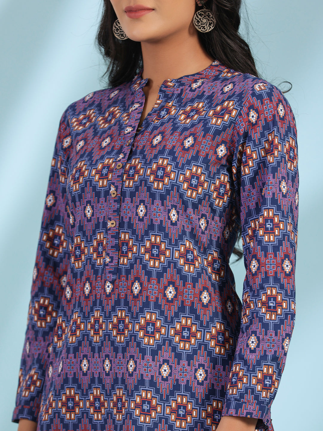 Juniper Women's The Crafted Geometrics Blue Geometric Printed Rayon Tunic | Grocsy