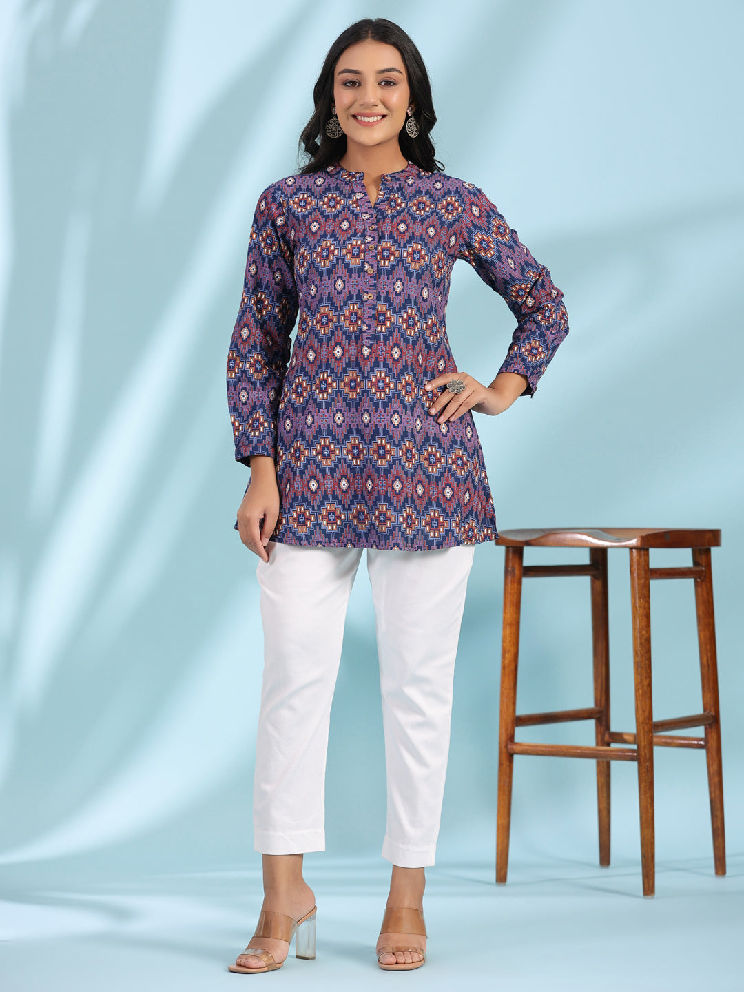 Juniper Women's The Crafted Geometrics Blue Geometric Printed Rayon Tunic | Grocsy