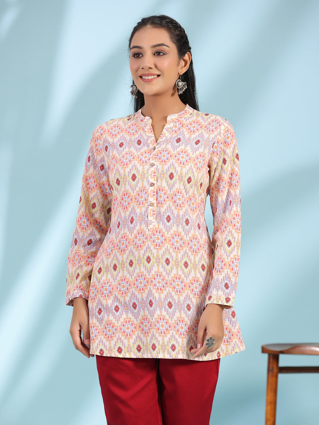 Juniper Women's The Crafted Geometrics Ivory Geometric Printed Rayon Tunic | Grocsy