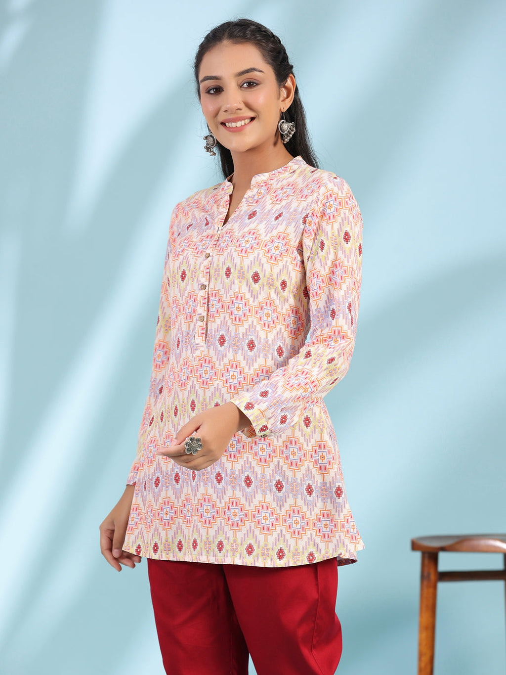 Juniper Women's The Crafted Geometrics Ivory Geometric Printed Rayon Tunic | Grocsy