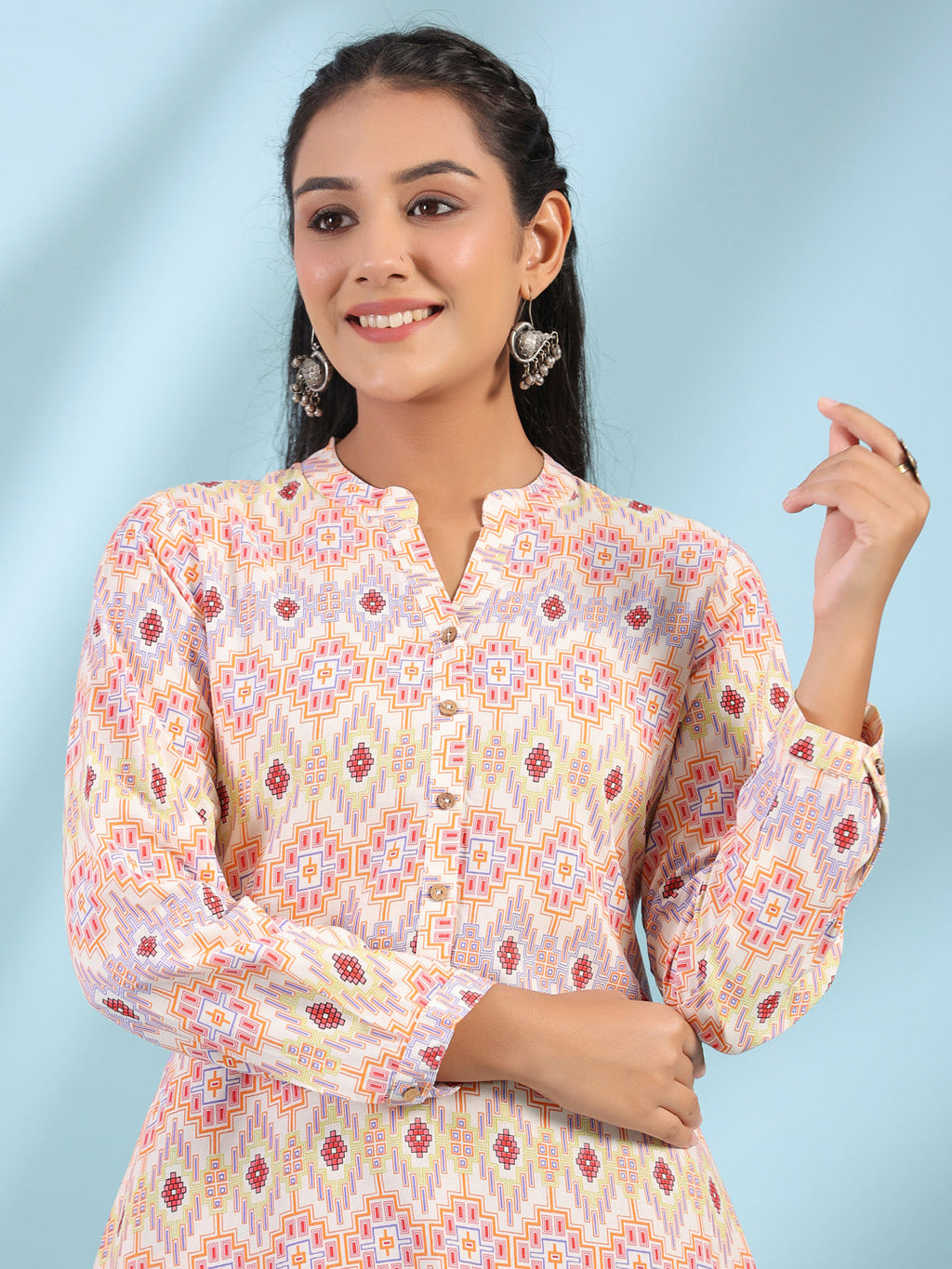 Juniper Women's The Crafted Geometrics Ivory Geometric Printed Rayon Tunic | Grocsy