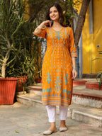 Juniper Mustard Ikat Printed Rayon Kurta With Gathers At Front Beads & Sequence Work | Grocsy