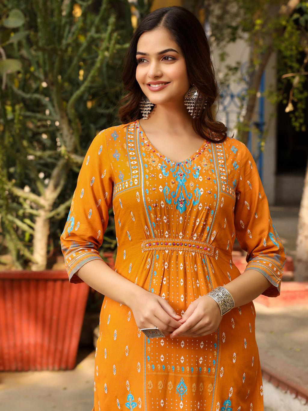 Juniper Mustard Ikat Printed Rayon Kurta With Gathers At Front Beads & Sequence Work | Grocsy