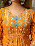 Juniper Mustard Ikat Printed Rayon Kurta With Gathers At Front Beads & Sequence Work | Grocsy
