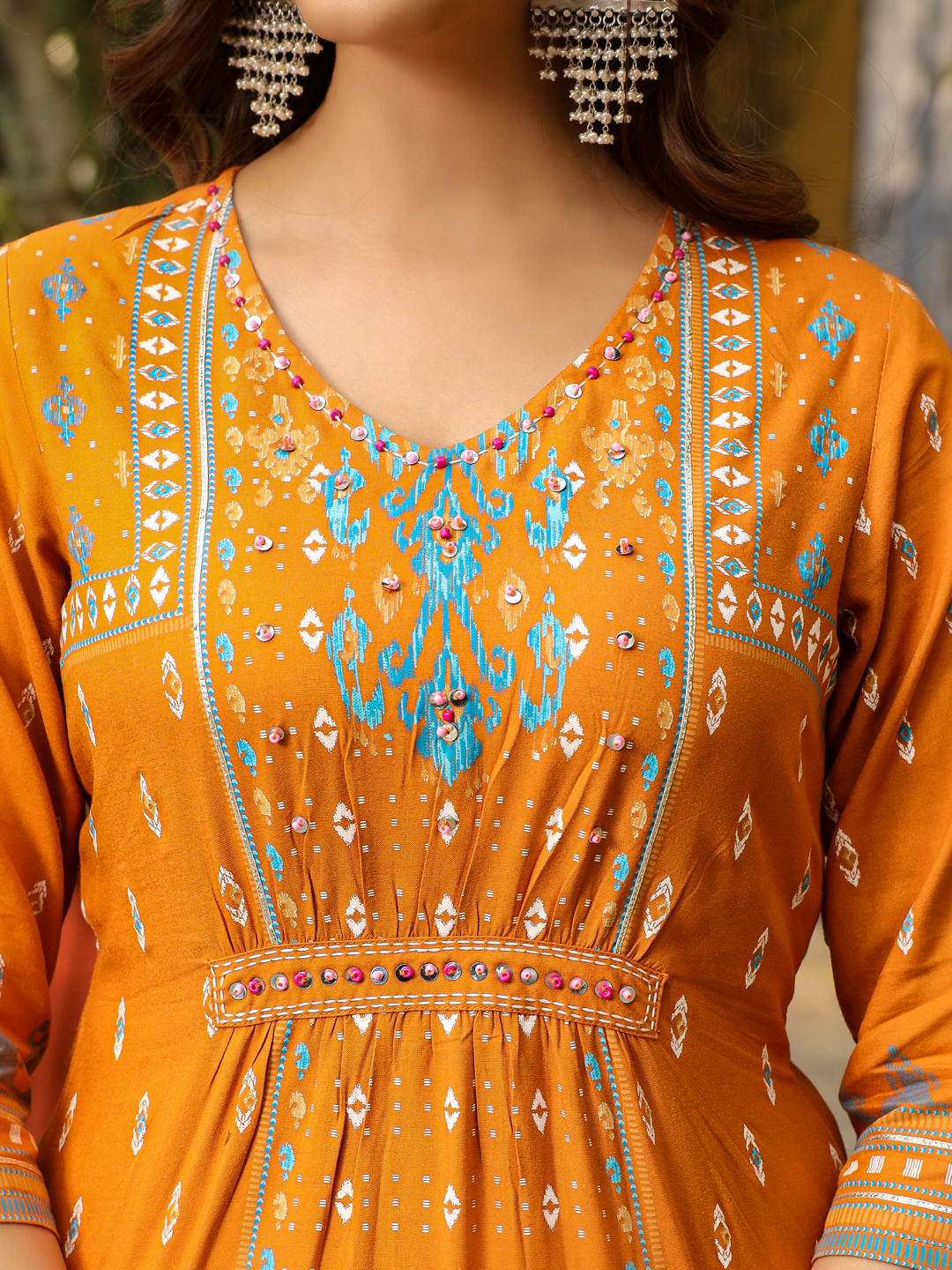 Juniper Mustard Ikat Printed Rayon Kurta With Gathers At Front Beads & Sequence Work | Grocsy