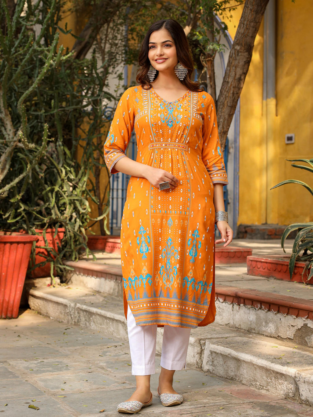 Juniper Mustard Ikat Printed Rayon Kurta With Gathers At Front Beads & Sequence Work | Grocsy