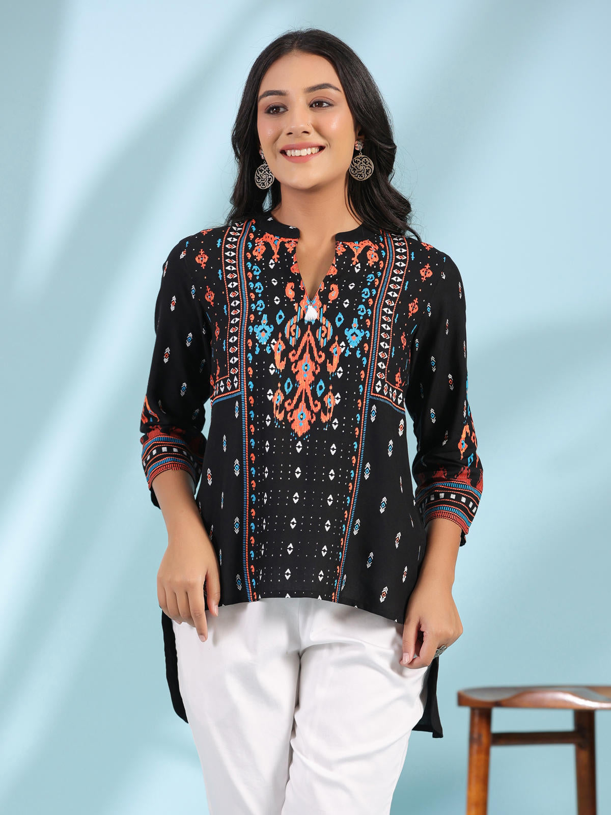 Juniper Women's Black Rayon Ikat Placement Printed High-Low Tunic With Side Slits & Tassels | Grocsy