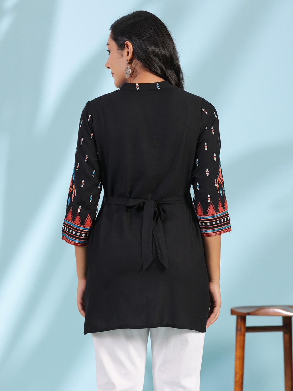 Juniper Women's Black Rayon Ikat Placement Printed High-Low Tunic With Side Slits & Tassels | Grocsy
