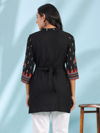 Juniper Women's Black Rayon Ikat Placement Printed High-Low Tunic With Side Slits & Tassels | Grocsy
