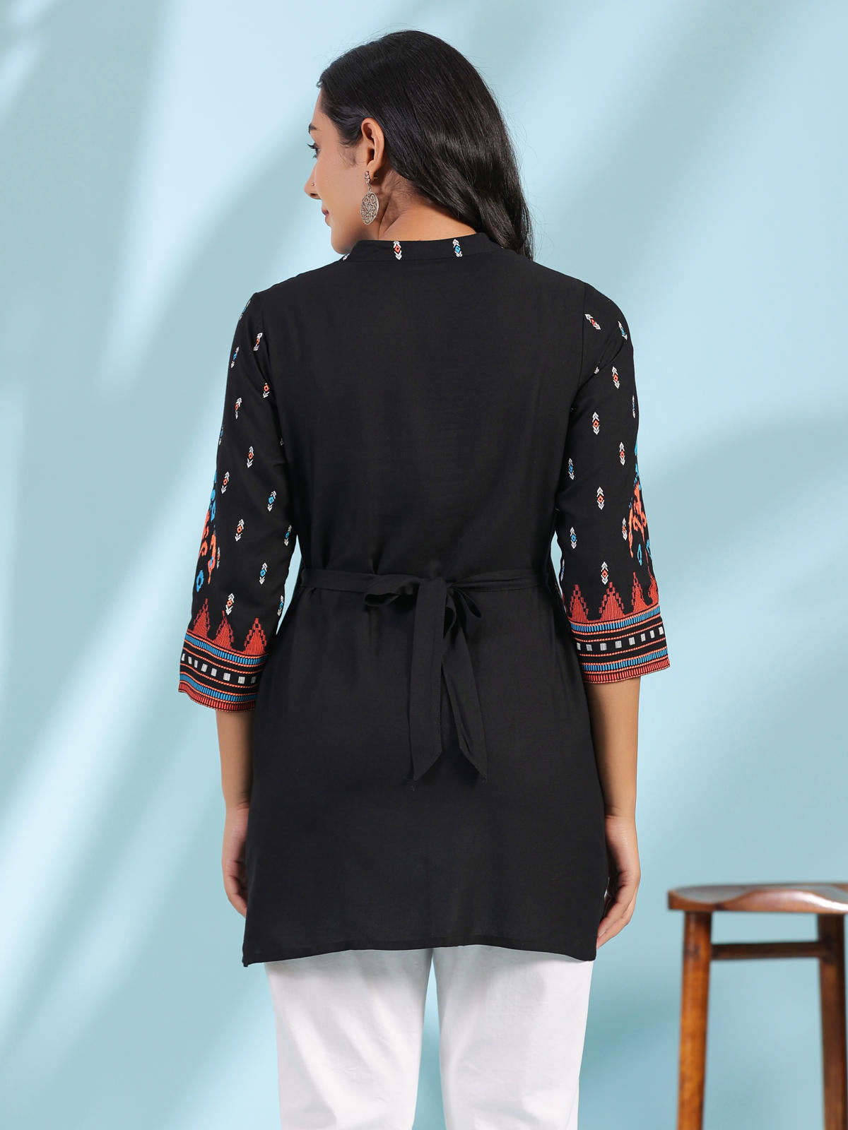 Juniper Women's Black Rayon Ikat Placement Printed High-Low Tunic With Side Slits & Tassels | Grocsy