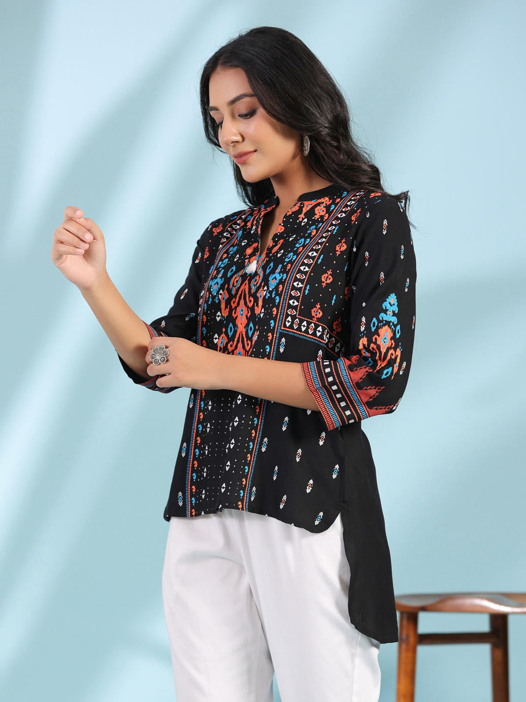 Juniper Women's Black Rayon Ikat Placement Printed High-Low Tunic With Side Slits & Tassels | Grocsy