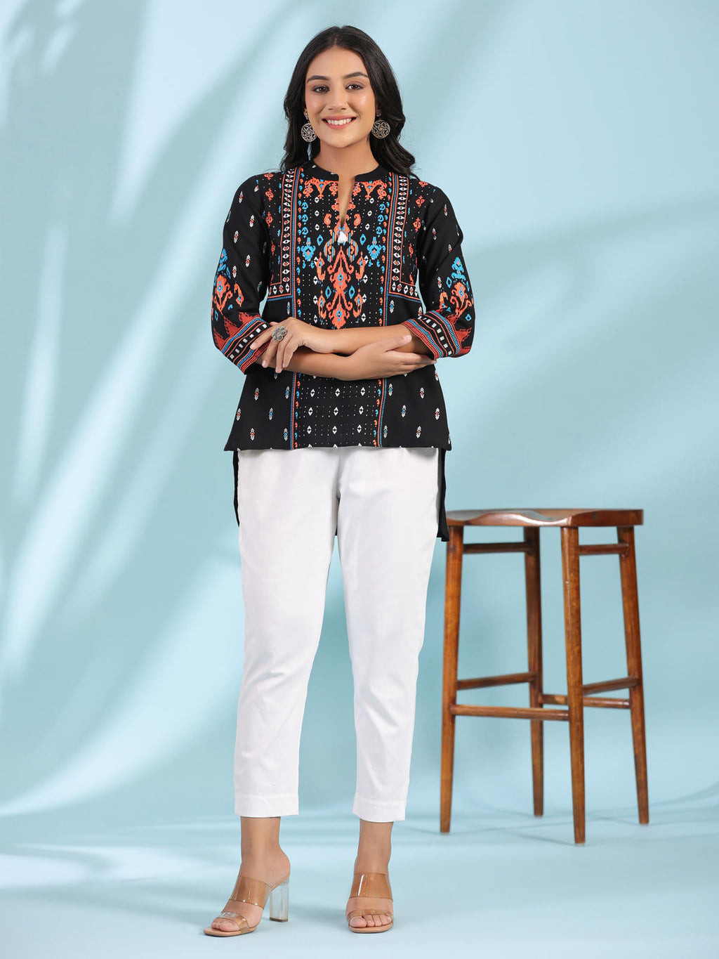 Juniper Women's Black Rayon Ikat Placement Printed High-Low Tunic With Side Slits & Tassels | Grocsy