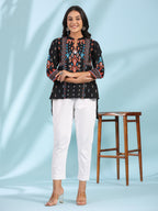 Juniper Women's Black Rayon Ikat Placement Printed High-Low Tunic With Side Slits & Tassels | Grocsy