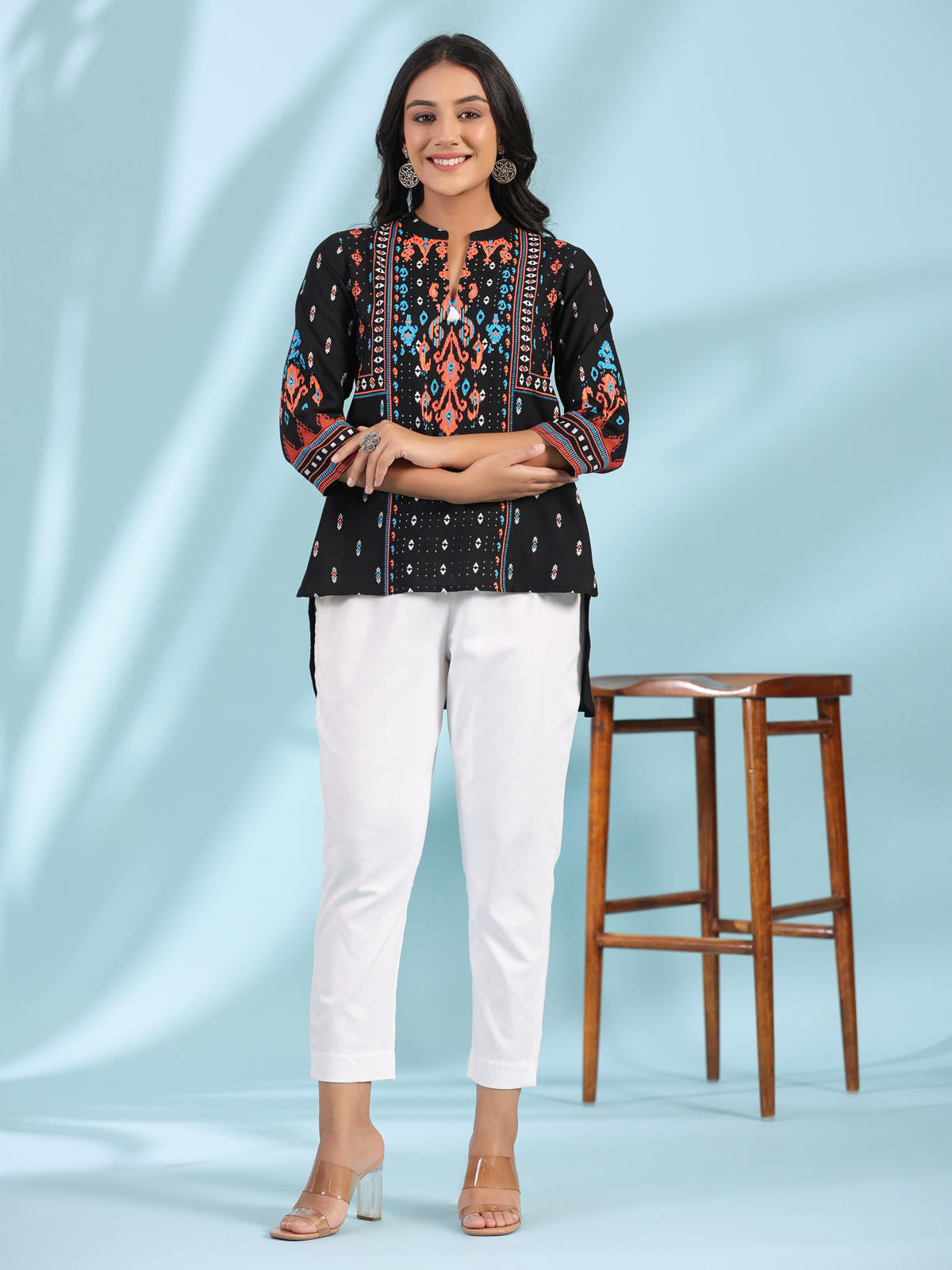 Juniper Women's Black Rayon Ikat Placement Printed High-Low Tunic With Side Slits & Tassels | Grocsy