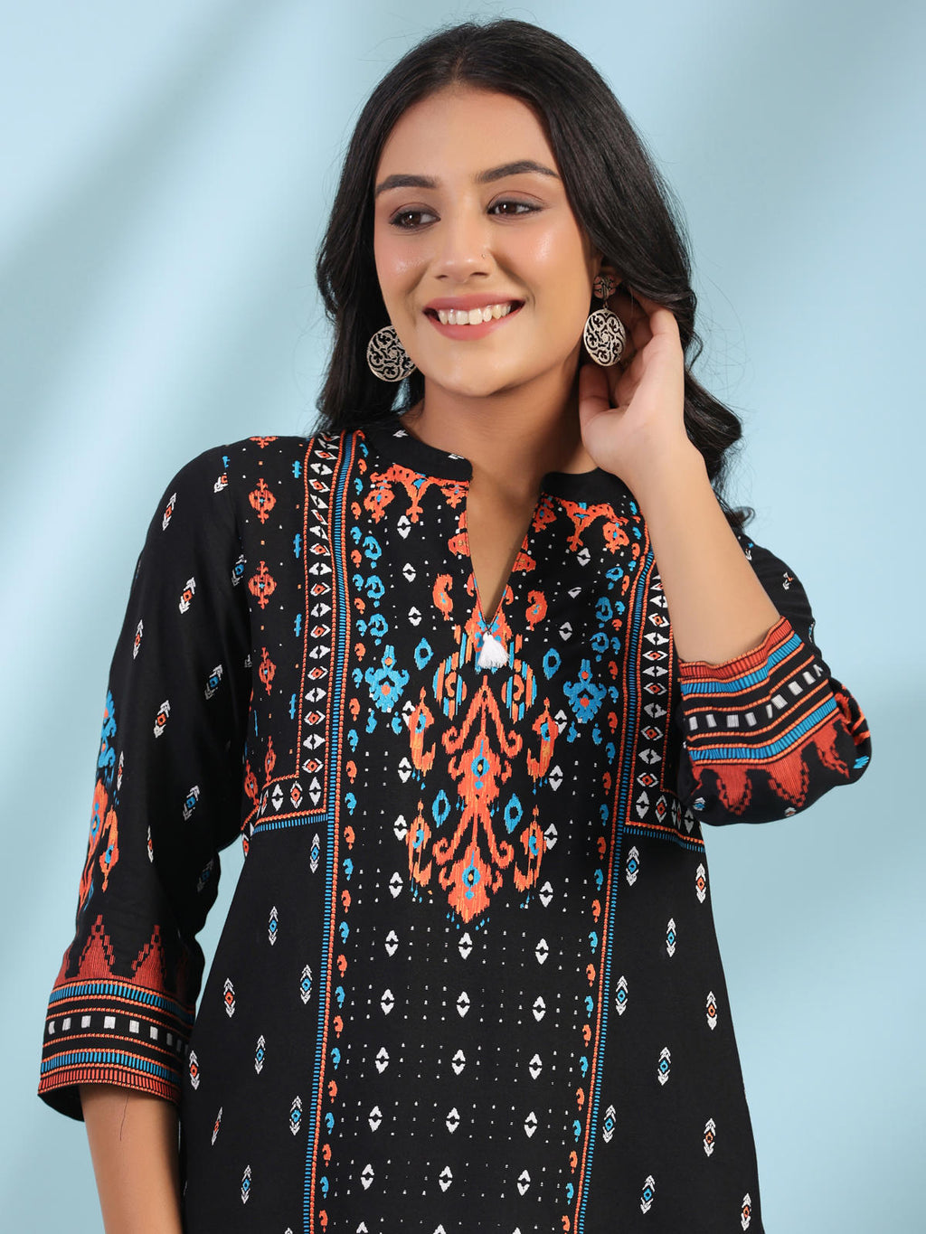 Juniper Women's Black Rayon Ikat Placement Printed High-Low Tunic With Side Slits & Tassels | Grocsy