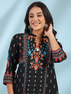 Juniper Women's Black Rayon Ikat Placement Printed High-Low Tunic With Side Slits & Tassels | Grocsy
