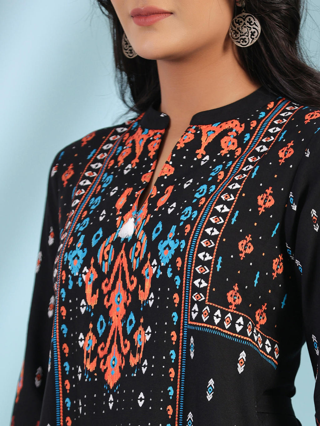 Juniper Women's Black Rayon Ikat Placement Printed High-Low Tunic With Side Slits & Tassels | Grocsy