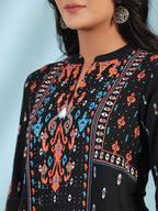 Juniper Women's Black Rayon Ikat Placement Printed High-Low Tunic With Side Slits & Tassels | Grocsy