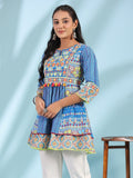 Juniper The Sujani Blue Floral Printed Pure Cotton Tunic With Thread Work | Grocsy