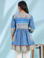 Juniper The Sujani Blue Floral Printed Pure Cotton Tunic With Thread Work | Grocsy