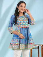 Juniper The Sujani Blue Floral Printed Pure Cotton Tunic With Thread Work | Grocsy