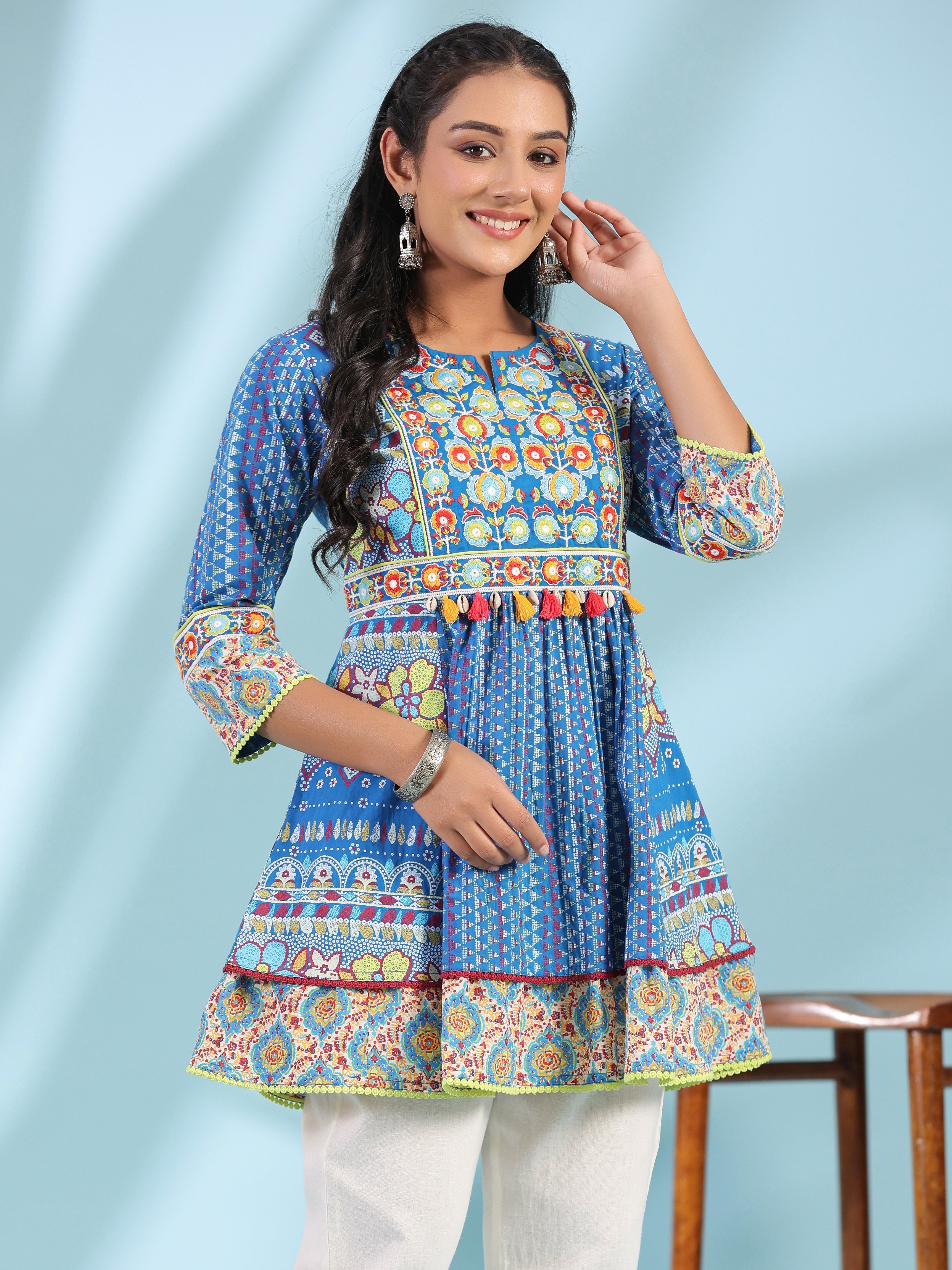 Juniper The Sujani Blue Floral Printed Pure Cotton Tunic With Thread Work | Grocsy