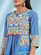 Juniper The Sujani Blue Floral Printed Pure Cotton Tunic With Thread Work | Grocsy