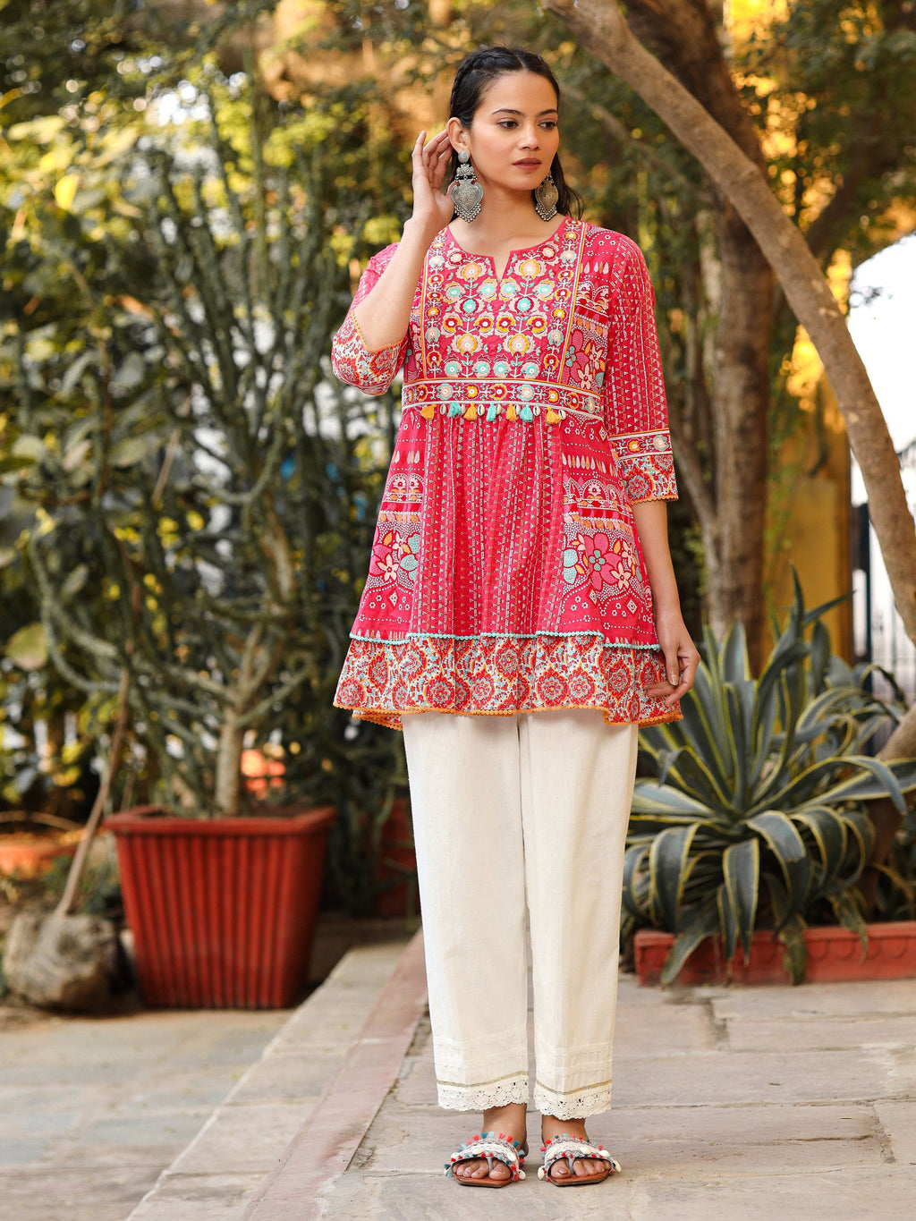 Juniper Women Pink Cotton Cambric printed & Embroidered Tunic | Grocsy