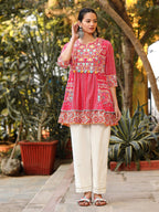 Juniper Women Pink Cotton Cambric printed & Embroidered Tunic | Grocsy