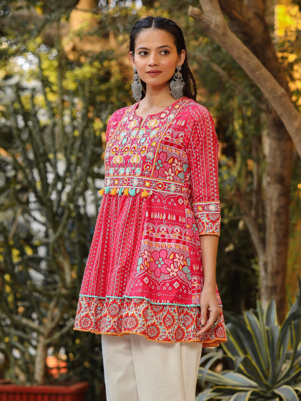 Juniper Women Pink Cotton Cambric printed & Embroidered Tunic | Grocsy
